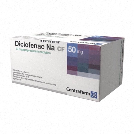 Acheter Diclofenac - Illustration de comprimés et boîte de médicament